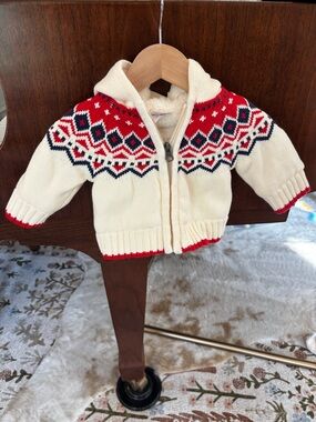 Hanna Andersson Sweater Hooded Jacket with Red and Navy Fair Isle
